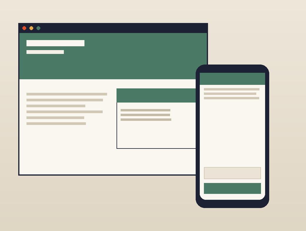 Law firm website screens with practice area pages on desktop and tablet