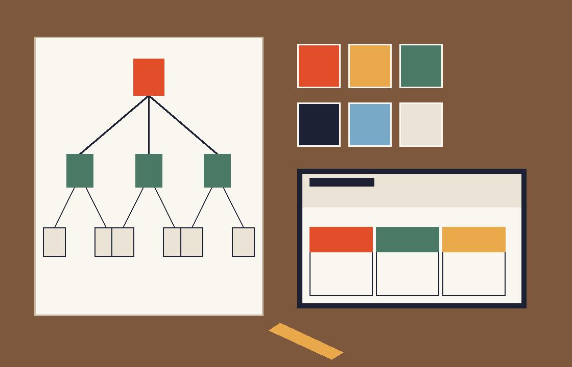 Close view of a designer's desk with printed sitemaps, colour swatches and a laptop showing a page wireframe