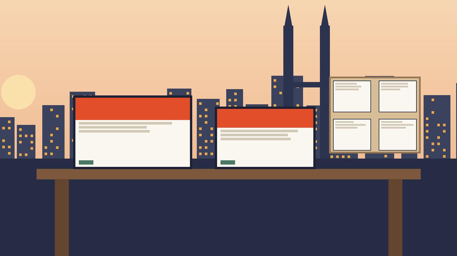 Design studio workspace with large screens showing website layouts and the Kuala Lumpur skyline through tall windows