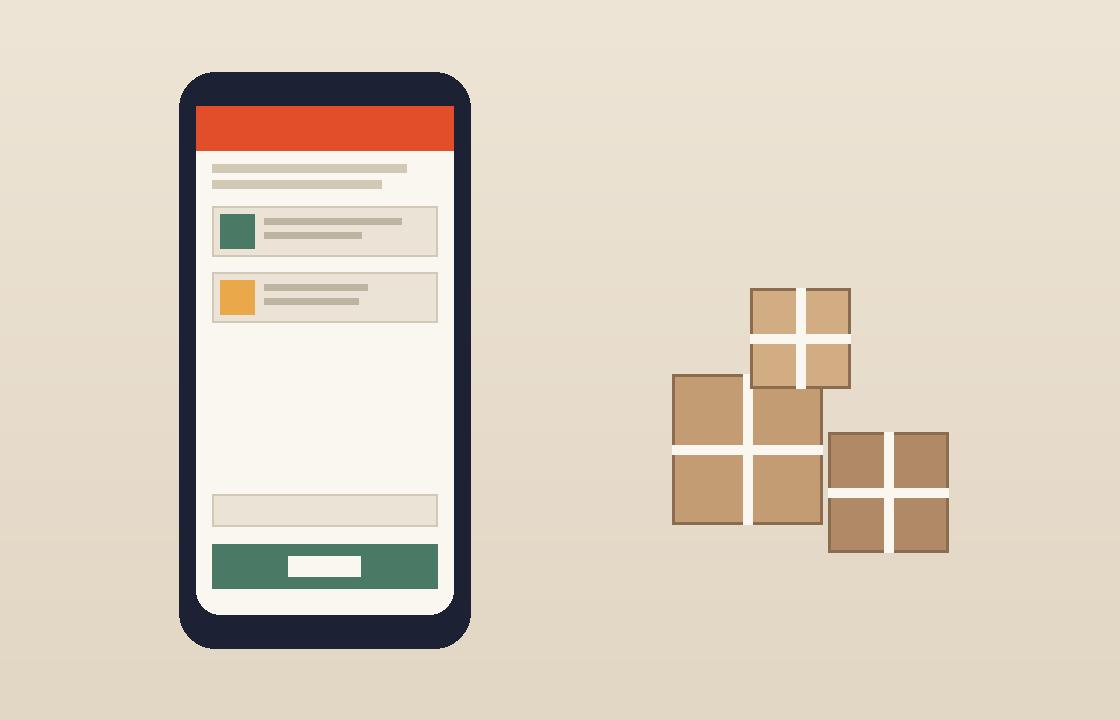 Phone displaying a tidy online store checkout screen next to packaged products ready for dispatch